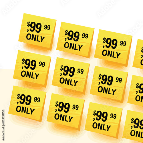 Multiple yellow price tags showing 99 99 dollars for sale