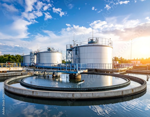 Industrial water treatment plant under a partly cloudy sky