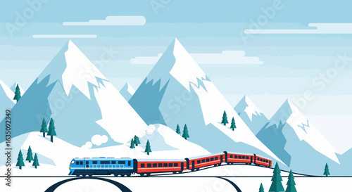 Colorful Train Journeying Through Snowy Mountains in Winter Landscape.