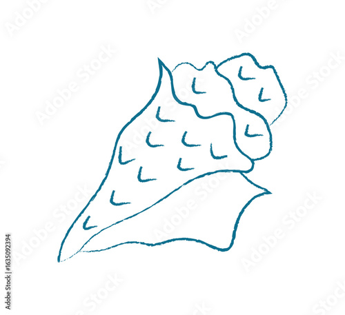 Chalk seashell doodle. Crayon seashell design. Aquatic creature in ocean, marine life, underwater texture, flat style, potential for educational materials.