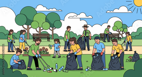 Community Volunteers Cleaning Park, Collecting Trash, Promoting Environmental Stewardship.