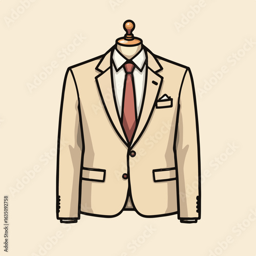 Stylish beige suit jacket on a mannequin with a red tie and white shirt against a minimalistic soft beige background, fashion concept of clothing retailers or boutiques
