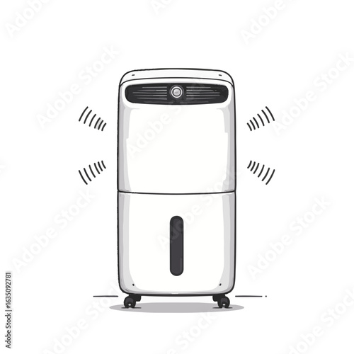 Illustration of a modern white air purifier working actively in a stylish indoor setting with soft lines and minimalistic design, wellness concept of home decor or appliances