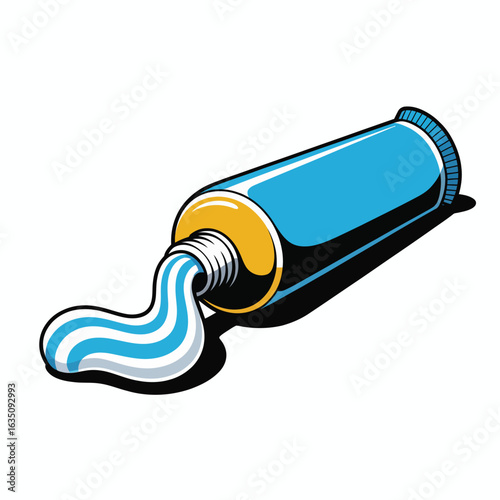 Blue tube of toothpaste with white and blue paste squeezed out
