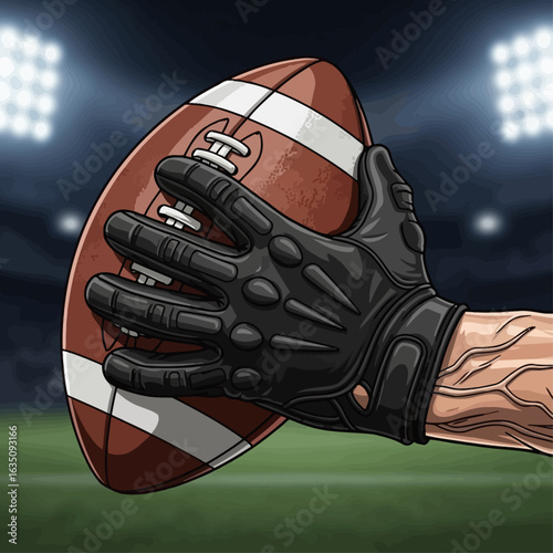 A gloved hand firmly grips an American football against the backdrop of a brightly lit stadium.