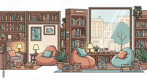 Cozy reading nooks with beanbag chairs, bookshelves, lamps, and city view