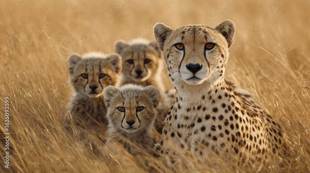 Obraz premium A cheetah mother and her cubs gaze intently in a sun-drenched savanna field.