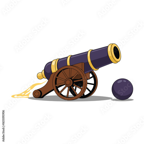 Antique cannon with cannonball and smoke illustration