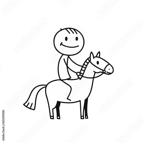 Happy stick figure rider smiling while riding a simple horse in a minimalistic black and white design, playful concept of children's art or learning materials