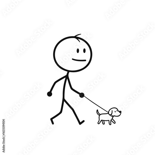 Stick figure man walking happily with a small dog on a blank background, cheerful concept of pet care or dog walking services
