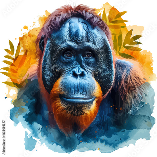 Orangutan, watercolor painting vector, isolated on a white background.