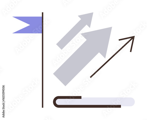 Blue flag, three upward arrows crossing, horizontal bar. Ideal for growth, success, achievement, leadership, goal setting strategy teamwork. Represents a simple flat metaphor