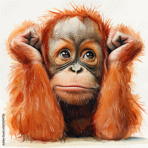 watercolor of Orangutan, vector, isolated on a white background.