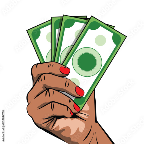 Woman s hand holding several green paper bills with red painted fingernails