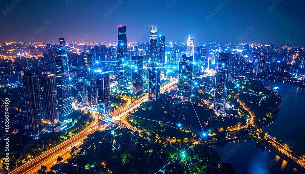 Fototapeta premium Glowing Blue Cityscape at Night with Digital Network Connections