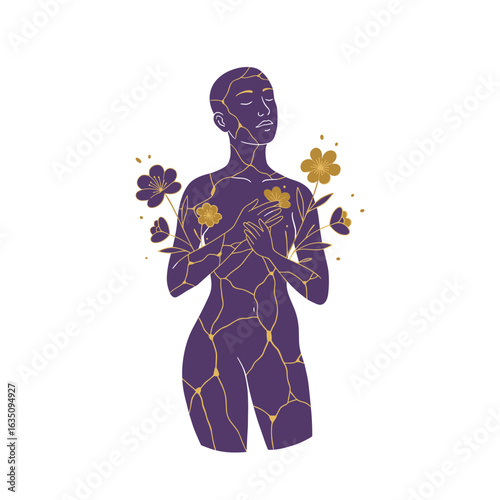 Abstract woman embodying healing with flowers, concept of psychological growth after trauma  