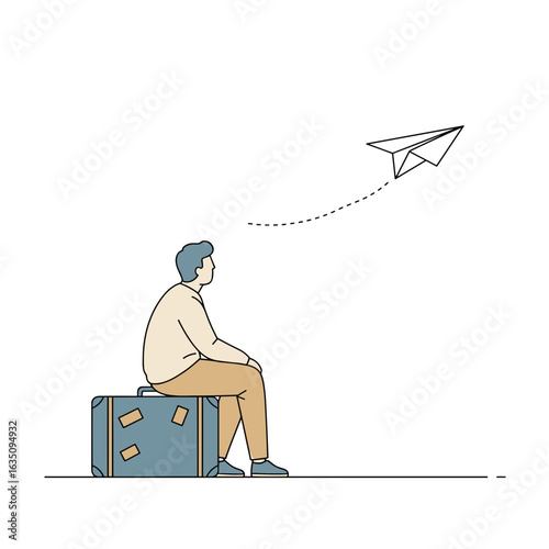 Man sitting on suitcase and watching paper airplane fly away - Concept of waiting for change  