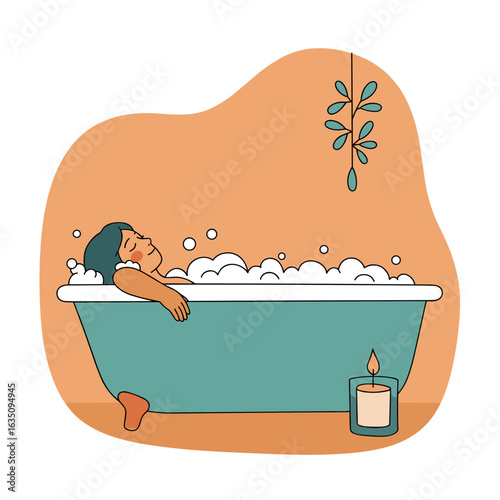 Person relaxing in bath with bubbles and candle on orange background  