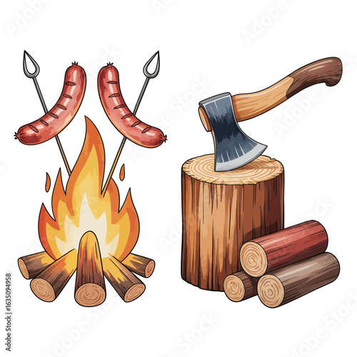 Campfire with sausages and axe on a wood log