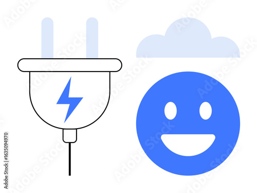 Plug with lightning symbol next to a smiling face under a cloud. Ideal for sustainability, energy, positivity, efficiency, technology, environment, simple landing page