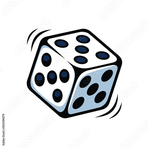 A white six sided die with black dots is tumbling and shaking