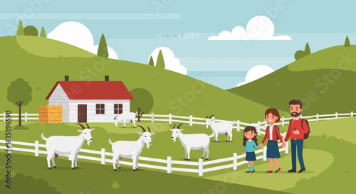 Family strolls past white goats grazing near a quaint farmhouse on rolling green hills