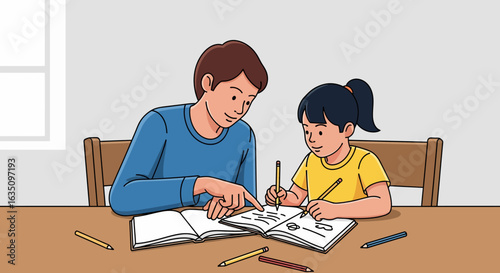 Father Guiding Daughter in Educational Activity at Home