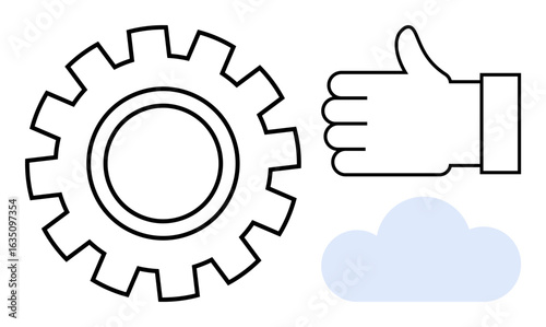 Gear, hand giving thumbs-up, and cloud shape combine to convey teamwork, efficiency, and cloud-based innovation. Ideal for business strategy, teamwork, cloud service, success technology approval