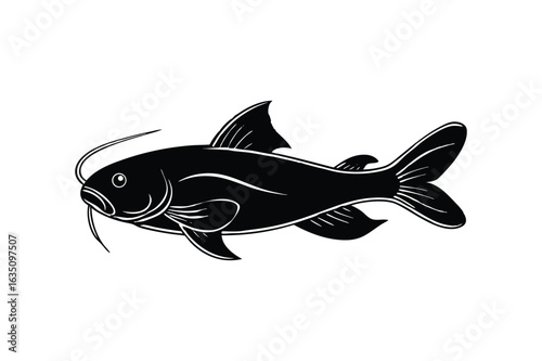 Detailed Black and White Catfish Illustration, Hand-Drawn Aquatic Animal Vector