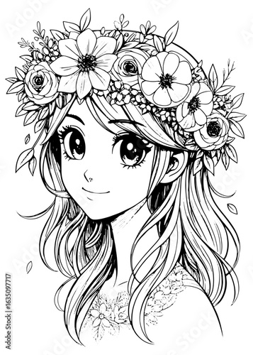  Anime Girl Portrait with Floral Headpiece – Coloring Page