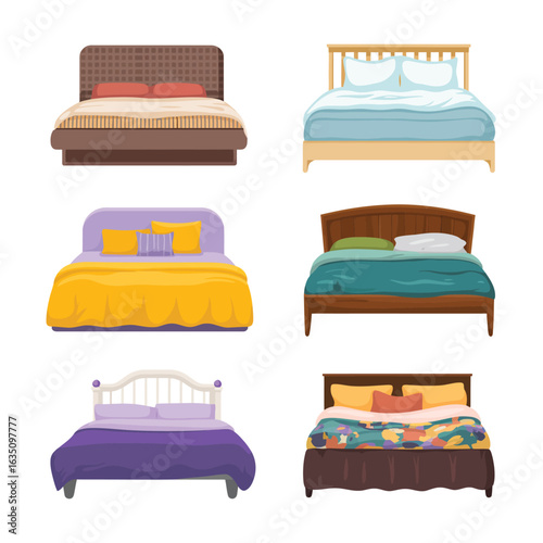 Collection of six different styles of beds with bedding