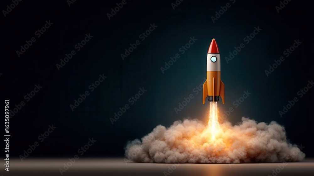 Fototapeta premium Rocket Launching Into Space With Flames and Smoke at Night