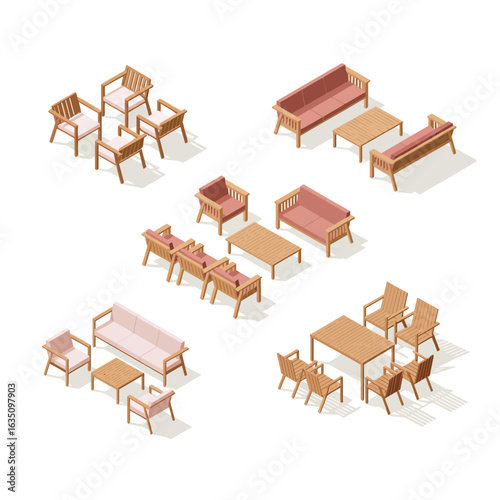 Collection of isometric wooden furniture pieces for interior design