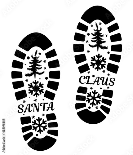 Santa Claus, Father Christmas boot prints with snowflakes and Christmas tree — festive shoe sole marks for holiday decoration, magical Christmas footsteps.