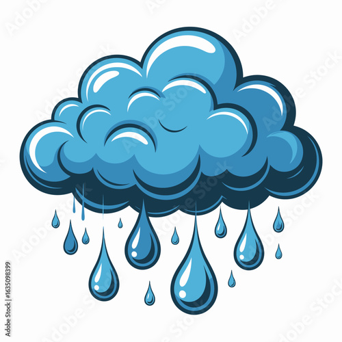 Cartoon blue rain cloud with falling water drops