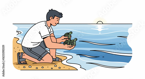 Gentle Hands Guiding Tiny Sea Turtles to the Ocean
