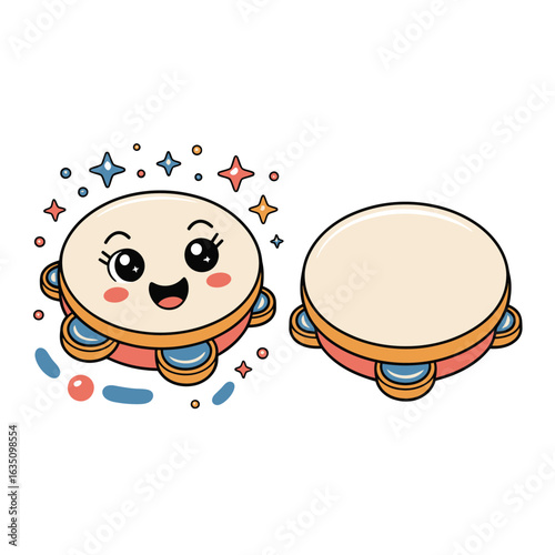 Cute cartoon tambourine character with sparkles and a plain tambourine