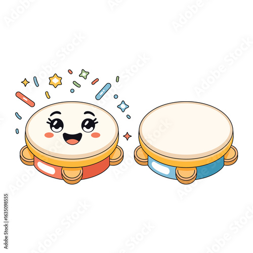 Cute kawaii tambourine character and plain tambourine