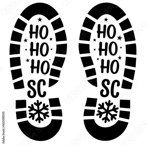 Santa Claus footprints with “Ho Ho Ho” and snowflakes — festive shoe prints symbolizing Santa’s arrival from the snowy street into the home on Christmas night.


