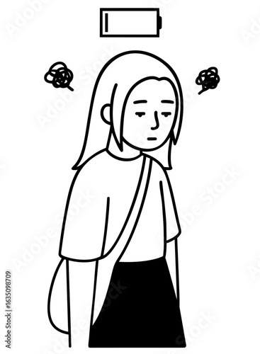 Tired young woman with low battery.  emotional burnout, fatigue, mental exhaustion, stress overload, apathy and psychological pressure.
