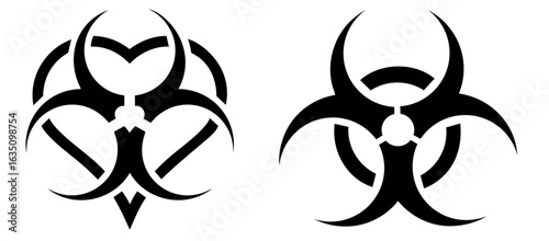 Biohazard warning symbols. classic and stylized icons for infection control, quarantine, biomedical safety, pandemic threat and laboratory contamination alert.