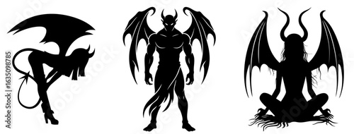 Silhouettes of succubus, incubus and horned demon with wings — symbols of infernal power, seduction, darkness, supernatural horror and gothic mysticism.

