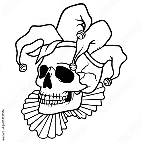 Jester skull with bells and ruff — grotesque symbol of death, dark humor, tragicomedy, carnival absurdity and macabre theatrical allegory.

