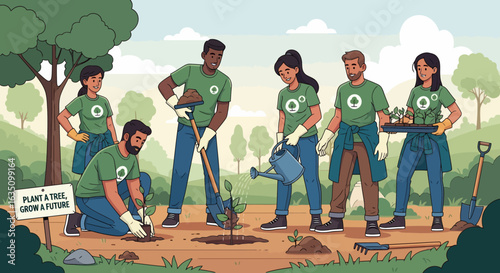 Group of Volunteers Planting Trees, Promoting Environmental Conservation and Growth.