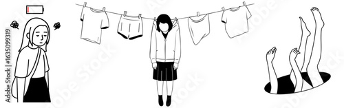 Depression and emotional burnout concept with teenage girl, laundry metaphor and person falling into black void — mental exhaustion, anxiety, inner crisis and symbolic disappearance.

