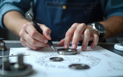 Engineer technician designing drawings mechanical parts engineering Engine.manufacturing factory Industry Industrial work project blueprints measuring bearings caliper tools. High quality