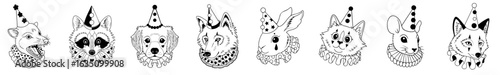 Set of clown animals with ruffs and party hats — surreal combination of cute and eerie, circuscore aesthetic, animal masquerade and grotesque emotional symbolism.

