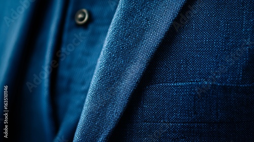Close up of a dark blue woven suit jacket with lapel detail, sleeve and shoulder stitching visible.