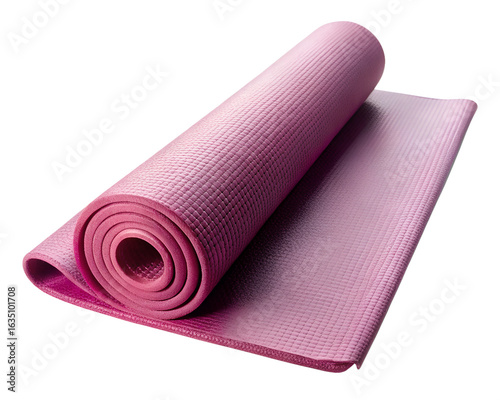 Rolled pink yoga mat isolated on transparent background for fitness and exercise