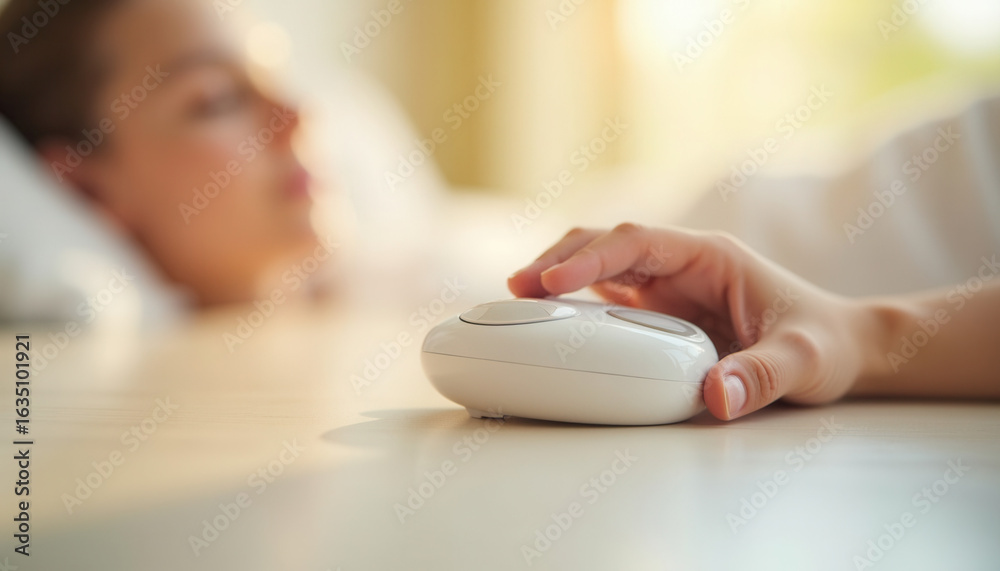 Fototapeta premium Woman reaching for alarm clock while waking up in soft morning light 